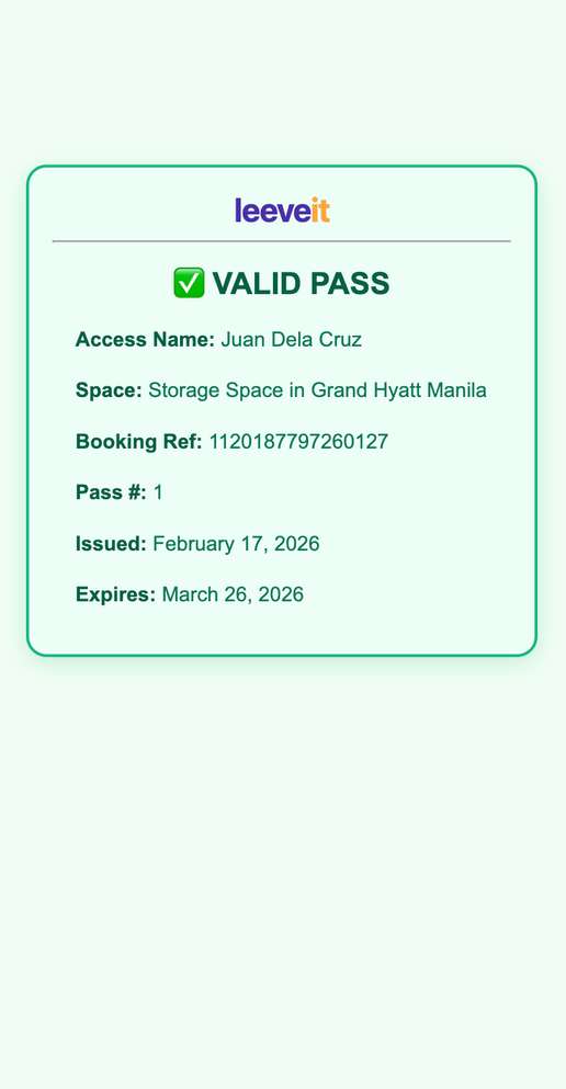 Leeveit virtual access pass showing a valid QR-verified entry pass