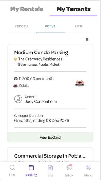 Leeveit app bookings screen with pending, active and past reservations