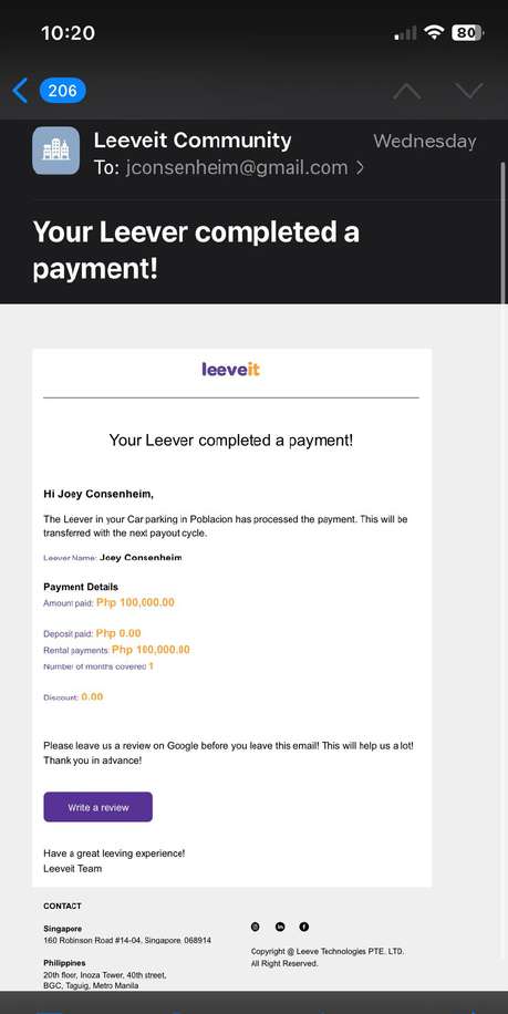 Leeveit email update confirming a renter completed a payment